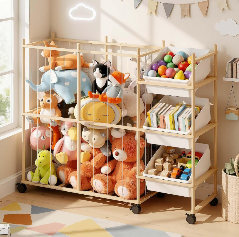 Simple wooden children's toy storage rack with plush storage compartments